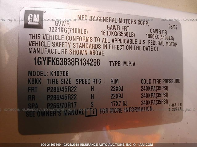 1GYFK63838R134298 - 2008 CADILLAC ESCALADE LUXURY Krem fotoğraf 9