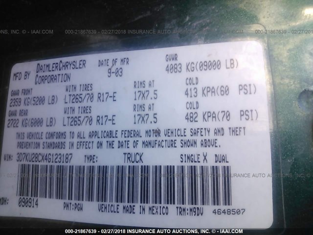 3D7KU28CX4G123187 - 2004 DODGE RAM 2500 ST/SLT 绿色 照片 9