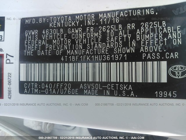 4T1BF1FK1HU361971 - 2017 TOYOTA CAMRY LE/XLE/SE/XSE WHITE photo 9