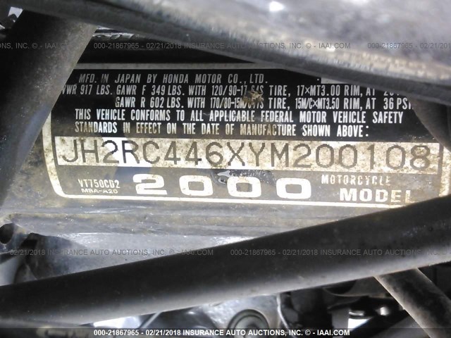 JH2RC446XYM200108 - 2000 HONDA VT750 CD2 BLACK photo 10