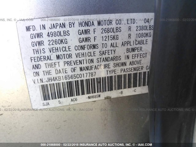 JH4KB16565C017787 - 2005 ACURA RL SILVER photo 9