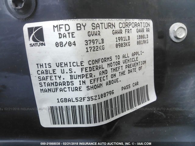 1G8AL52F35Z108796 - 2005 SATURN ION LEVEL 3 BLACK photo 9
