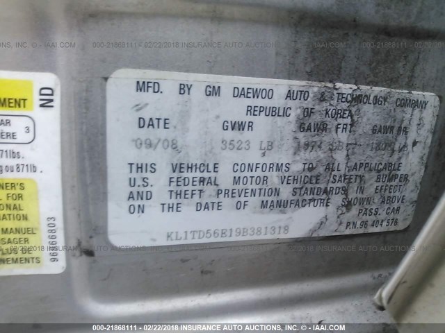 KL1TD56E19B381318 - 2009 CHEVROLET AVEO LS/LT 银色 照片 9