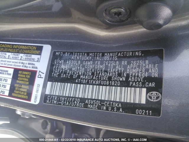 4T1BF1FK8FU081820 - 2015 TOYOTA CAMRY LE/XLE/SE/XSE GRAY photo 9