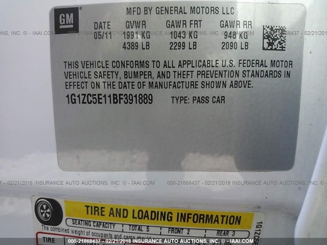 1G1ZC5E11BF391889 - 2011 CHEVROLET MALIBU 1LT 白色 照片 9