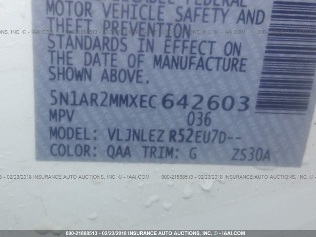 5N1AR2MMXEC642603 - 2014 NISSAN PATHFINDER S/SV/SL/PLATINUM 白色 照片 9