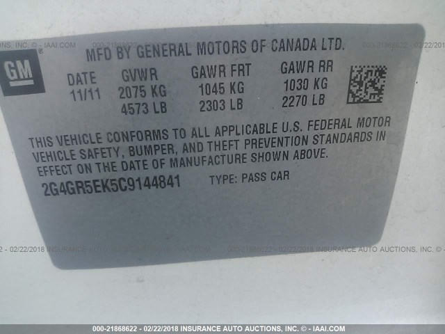 2G4GR5EK5C9144841 - 2012 BUICK REGAL WHITE photo 9