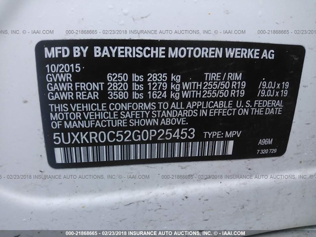 5UXKR0C52G0P25453 - 2016 BMW X5 XDRIVE35I WHITE photo 9