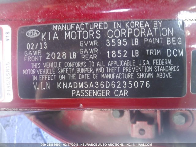 KNADM5A36D6235076 - 2013 KIA RIO LX Կարմիր լուսանկար 9