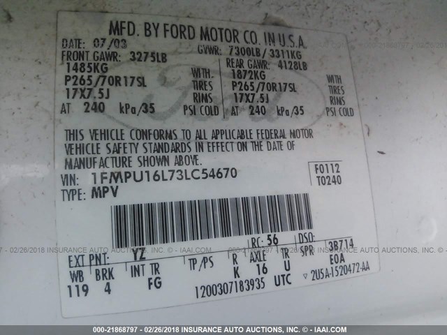 1FMPU16L73LC54670 - 2003 FORD EXPEDITION XLT WHITE photo 9