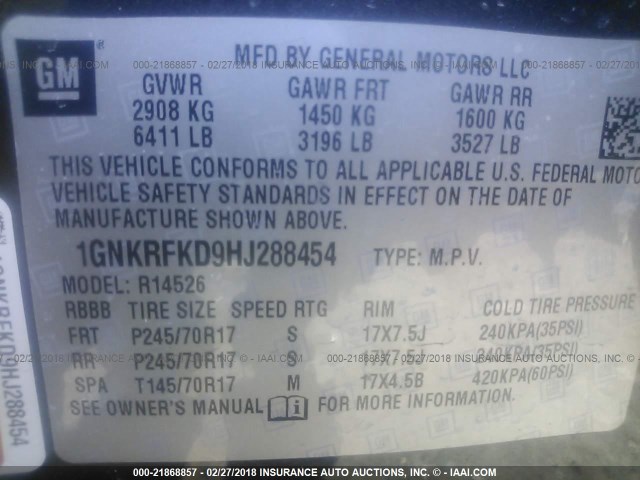 1GNKRFKD9HJ288454 - 2017 CHEVROLET TRAVERSE LS GRAY photo 9