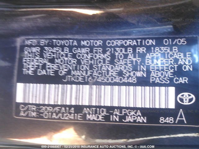 JTKDE167450040448 - 2005 TOYOTA SCION TC 黑色 照片 9