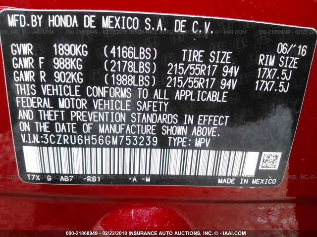 3CZRU6H56GM753239 - 2016 HONDA HR-V EX RED photo 9