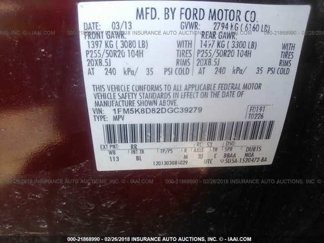 1FM5K8D82DGC39279 - 2013 FORD EXPLORER XLT RED photo 9