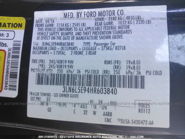 3LN6L5E94HR603840 - 2017 LINCOLN MKZ RESERVE შავი ფოტო 9