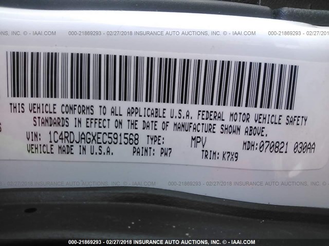 1C4RDJAGXEC591568 - 2014 DODGE DURANGO SXT WHITE photo 9