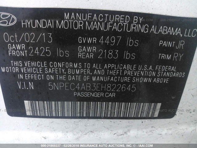 5NPEC4AB3EH822645 - 2014 HYUNDAI SONATA SE/LIMITED WHITE photo 9