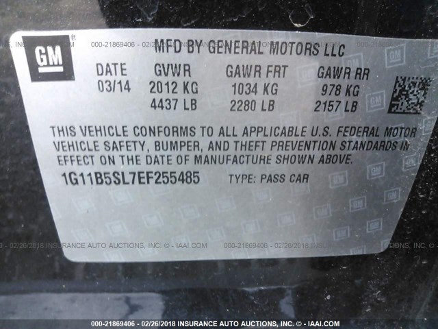 1G11B5SL7EF255485 - 2014 CHEVROLET MALIBU LS შავი ფოტო 9