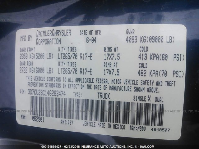 3D7KU28C14G283474 - 2004 DODGE RAM 2500 ST/SLT 蓝色 照片 9