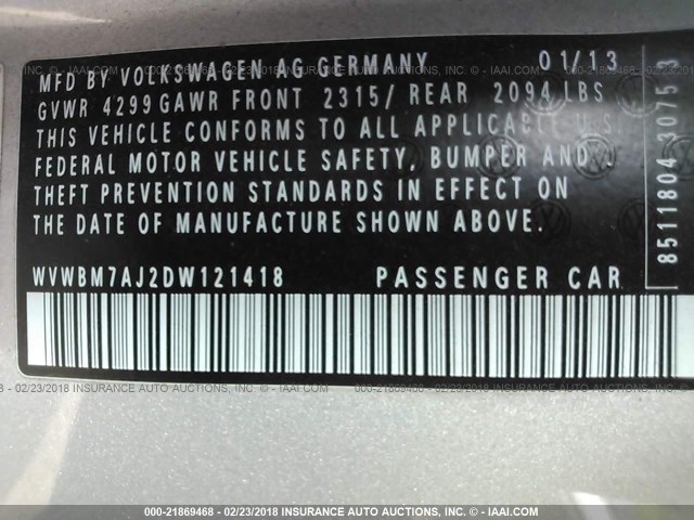 WVWBM7AJ2DW121418 - 2013 VOLKSWAGEN GOLF SILVER photo 9