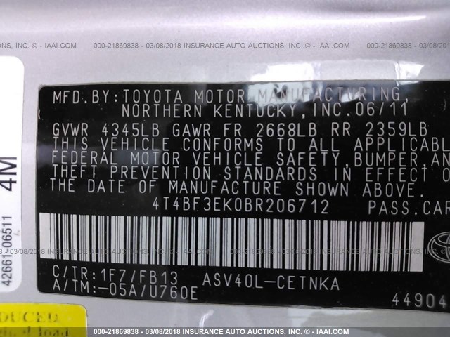 4T4BF3EK0BR206712 - 2011 TOYOTA CAMRY SE/LE/XLE Серебристый фото 9