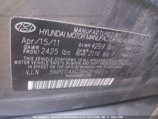 5NPEC4AC3BH284677 - 2011 HYUNDAI SONATA SE/LIMITED GRAY photo 9