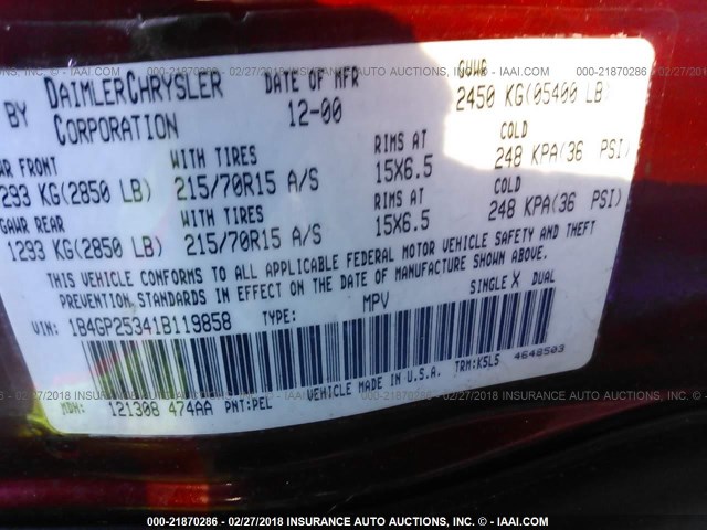 1B4GP25341B119858 - 2001 DODGE CARAVAN SE RED photo 9