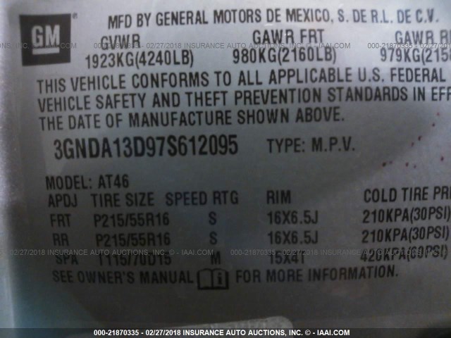 3GNDA13D97S612095 - 2007 CHEVROLET HHR LS SILVER photo 9