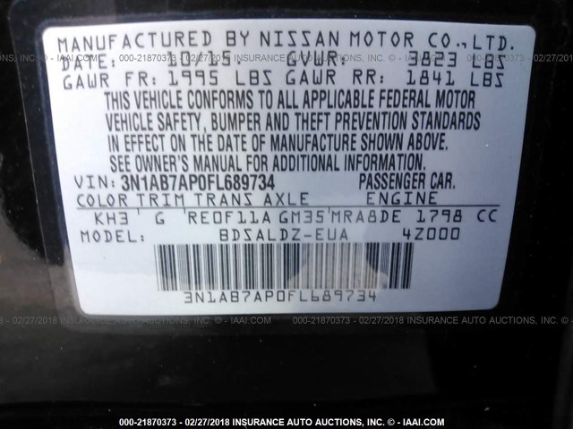 3N1AB7AP0FL689734 - 2015 NISSAN SENTRA S/SV/SR/SL BLACK photo 9