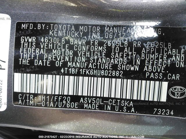 4T1BF1FK6HU802882 - 2017 TOYOTA CAMRY LE/XLE/SE/XSE Grau Foto 9