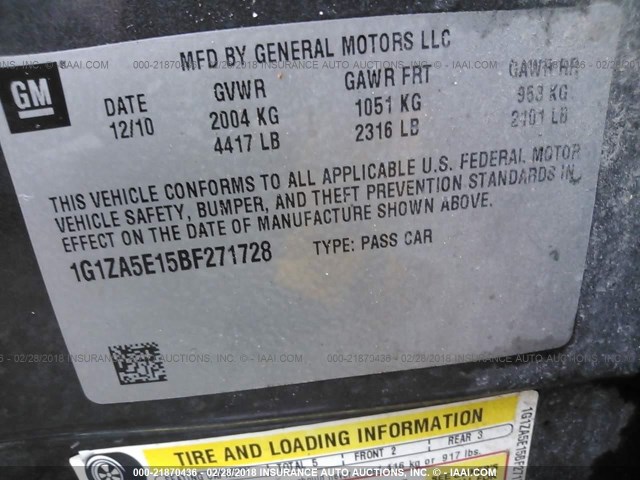 1G1ZA5E15BF271728 - 2011 CHEVROLET MALIBU LS 灰色 照片 9