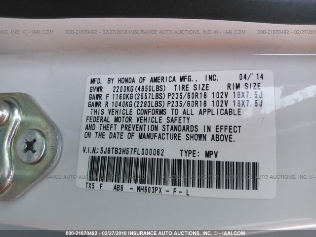 5J8TB3H57FL000062 - 2015 ACURA RDX TECHNOLOGY WHITE photo 9