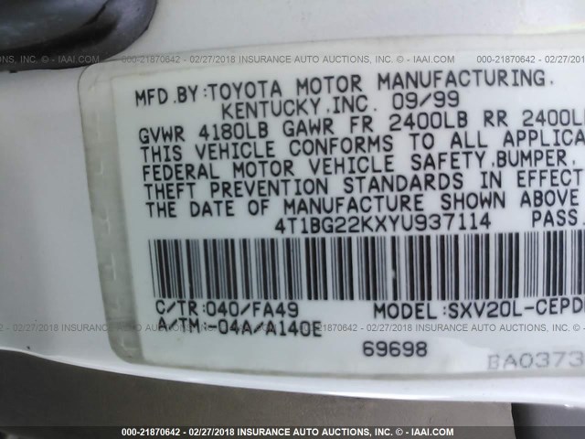 4T1BG22KXYU937114 - 2000 TOYOTA CAMRY CE/LE/XLE WHITE photo 9