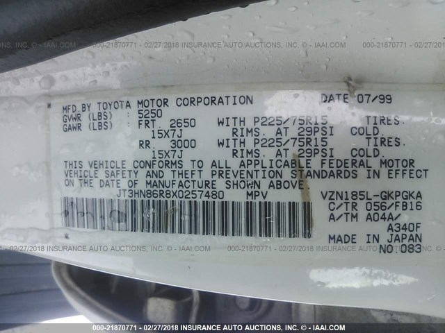 JT3HN86R8X0257480 - 1999 TOYOTA 4RUNNER SR5 WHITE photo 9