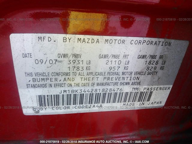 JM1BK344281828476 - 2008 MAZDA 3 HATCHBACK RED photo 9