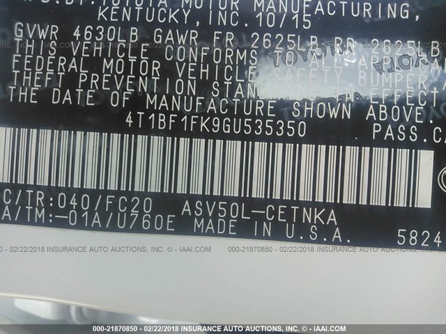 4T1BF1FK9GU535350 - 2016 TOYOTA CAMRY LE/XLE/SE/XSE WHITE photo 9