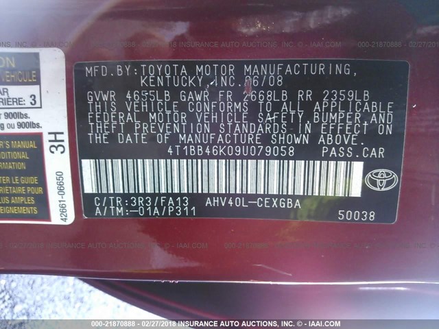 4T1BB46K09U079058 - 2009 TOYOTA CAMRY HYBRID RED photo 9