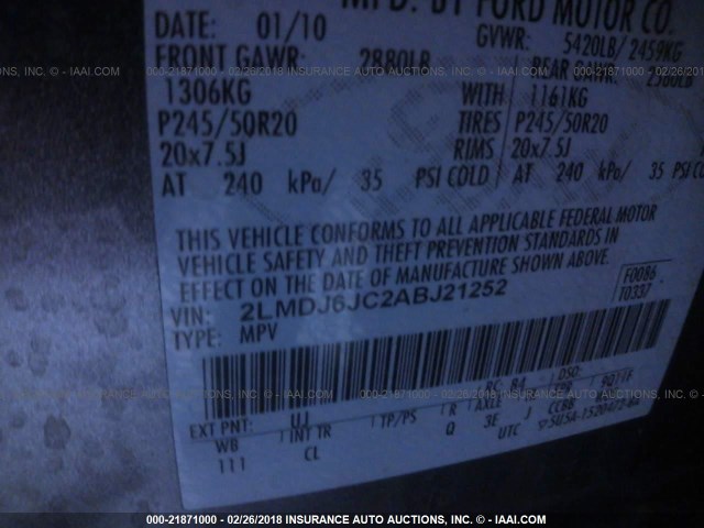 2LMDJ6JC2ABJ21252 - 2010 LINCOLN MKX GRAY photo 9