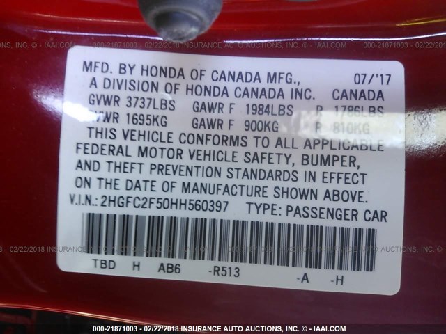 2HGFC2F50HH560397 - 2017 HONDA CIVIC LX RED photo 9