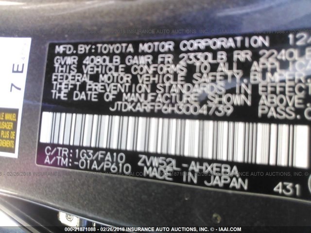 JTDKARFP6H3004739 - 2017 TOYOTA PRIUS PRIME  灰色 照片 9
