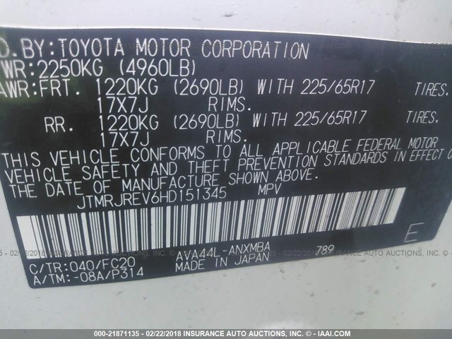 JTMRJREV6HD151345 - 2017 TOYOTA RAV4 HV LE/XLE WHITE photo 9