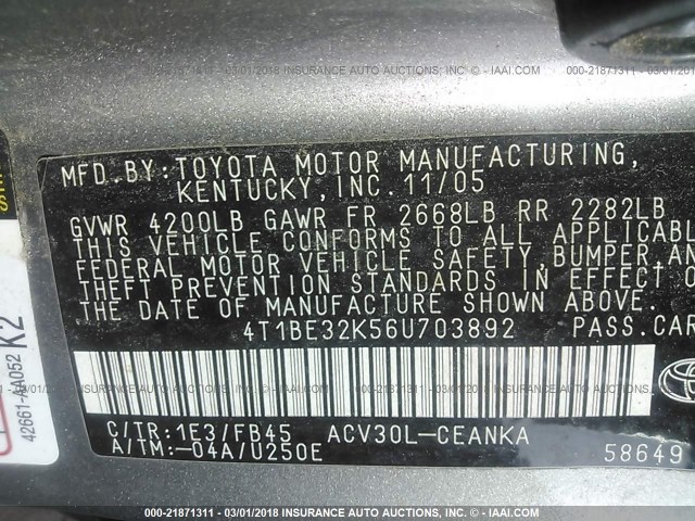 4T1BE32K56U703892 - 2006 TOYOTA CAMRY LE/XLE/SE GRAY photo 9