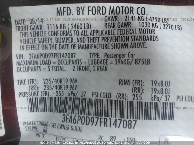 3FA6P0D97FR147087 - 2015 FORD FUSION TITANIUM RED photo 9