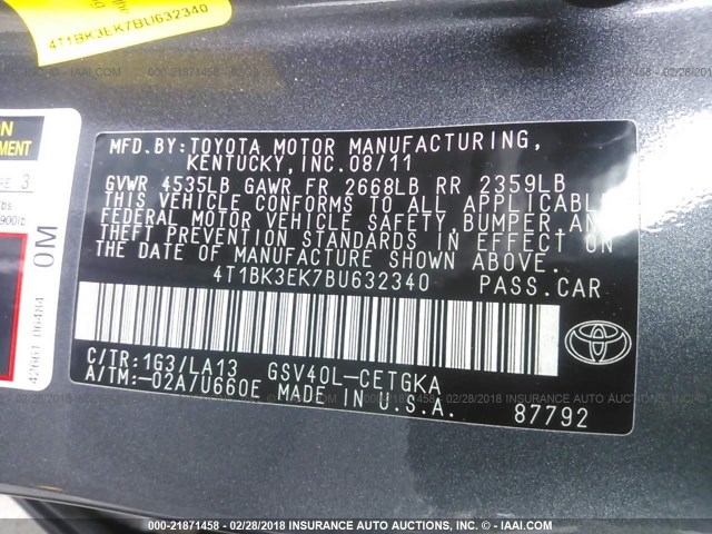 4T1BK3EK7BU632340 - 2011 TOYOTA CAMRY SE/LE/XLE Серый фото 9