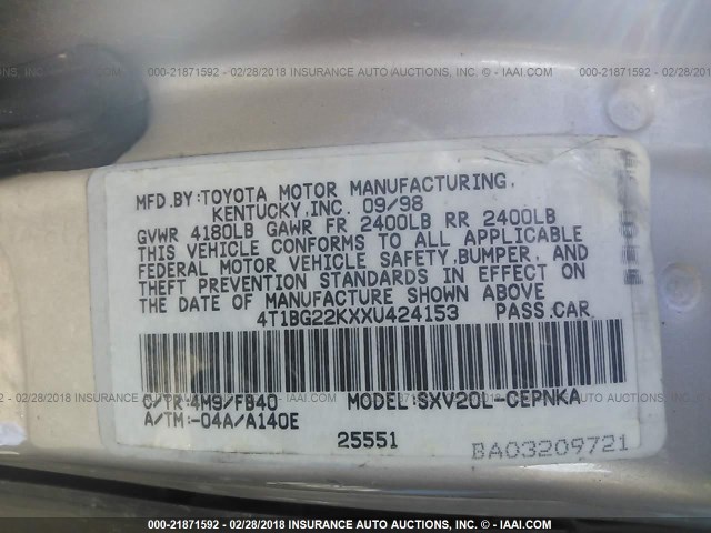 4T1BG22KXXU424153 - 1999 TOYOTA CAMRY CE/LE/XLE 金色 照片 9