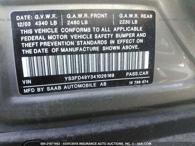 YS3FD49Y341028169 - 2004 SAAB 9-3 ARC GRAY photo 9