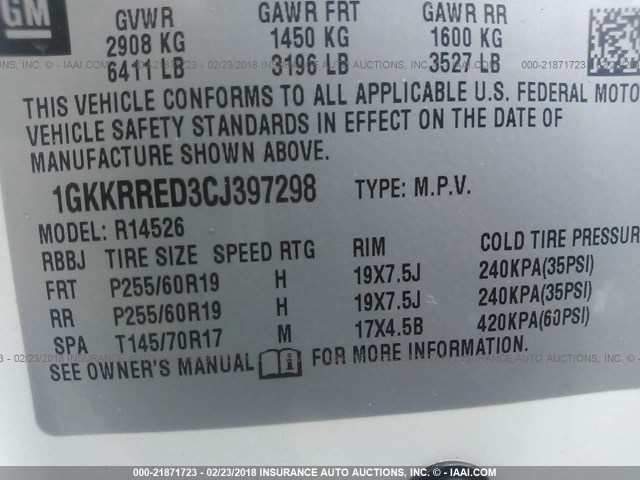 1GKKRRED3CJ397298 - 2012 GMC ACADIA SLT-1 Biały zdjęcie 9