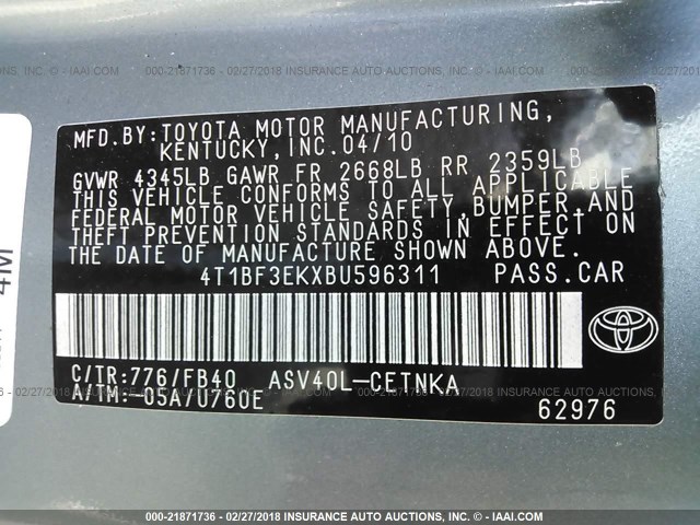 4T1BF3EKXBU596311 - 2011 TOYOTA CAMRY SE/LE/XLE TEAL photo 9