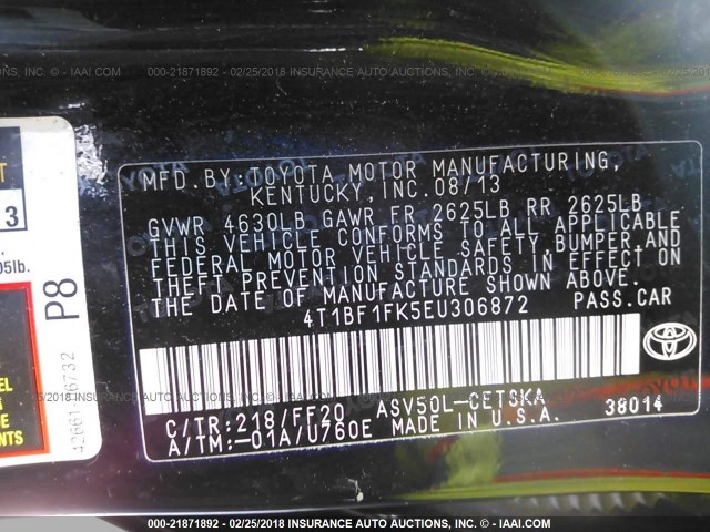 4T1BF1FK5EU306872 - 2014 TOYOTA CAMRY L/SE/LE/XLE BLACK photo 9