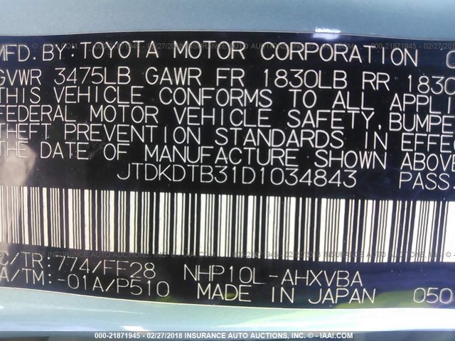 JTDKDTB31D1034843 - 2013 TOYOTA PRIUS C BLUE photo 9